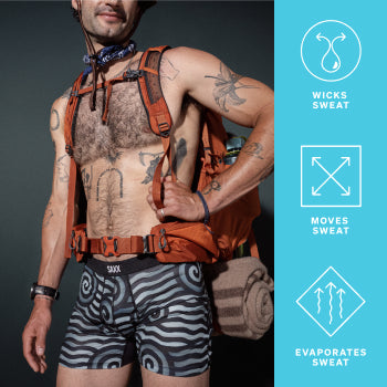Shirtless man with tattoos standing in patterned underwear and large camping backpack