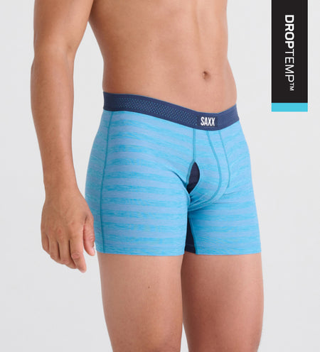 DropTemp™ logo overlaying a photo of a man in blue cooling mesh Boxer Briefs