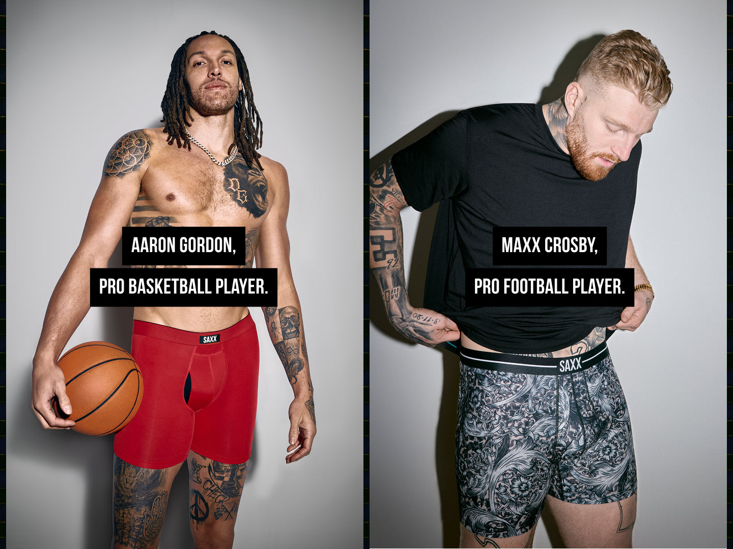 Three images of athletes wearing boxer briefs. One is holding a football. One is holding a basketball. One wears a black t-shirt.