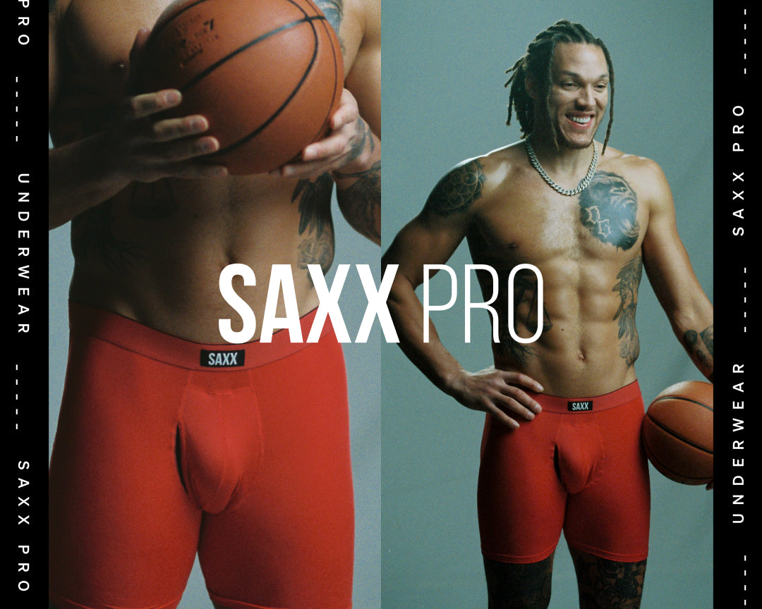 A selection of images showing a basketball player wearing red boxer briefs. He stands in various poses.