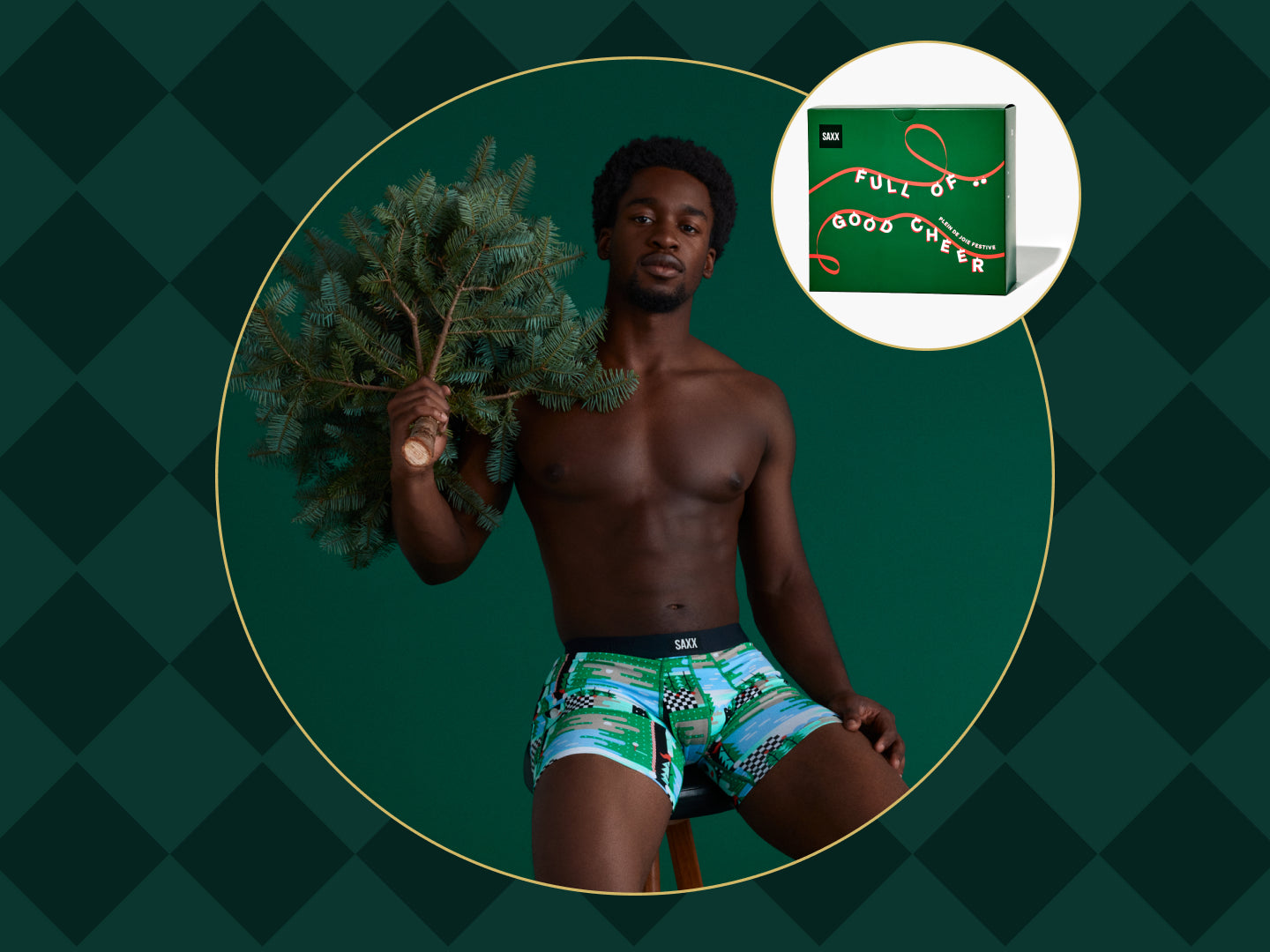 Man wearing green patterned underwear holding branches against a green background with a product inset.