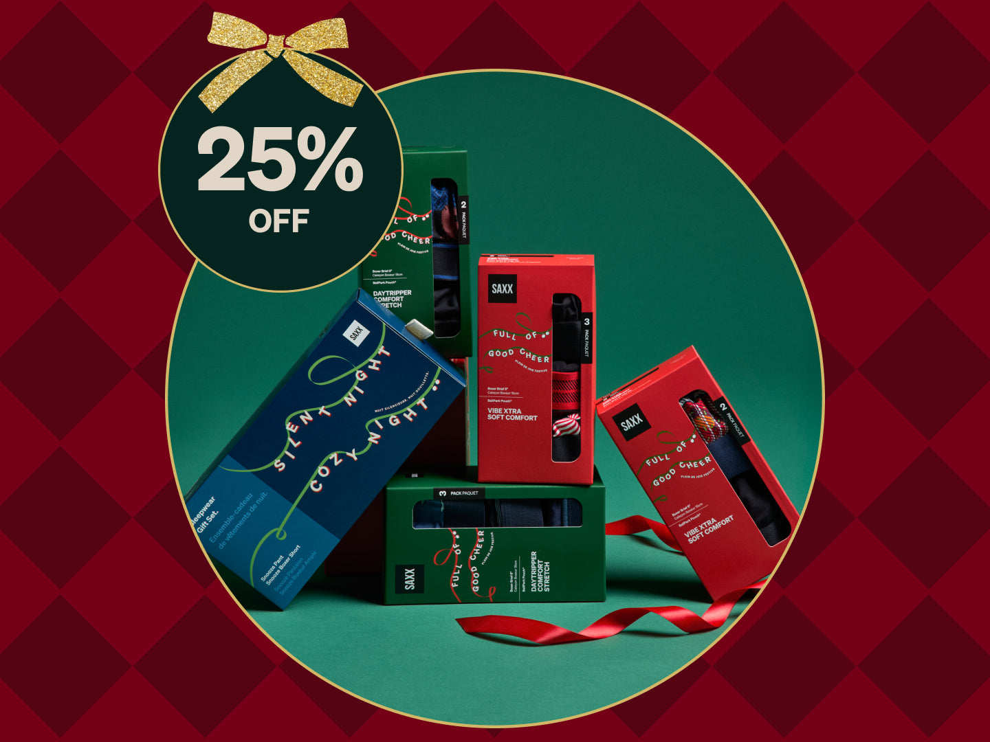 Promotional graphic with gift boxes and a 25% off discount on a red and green checkered background.