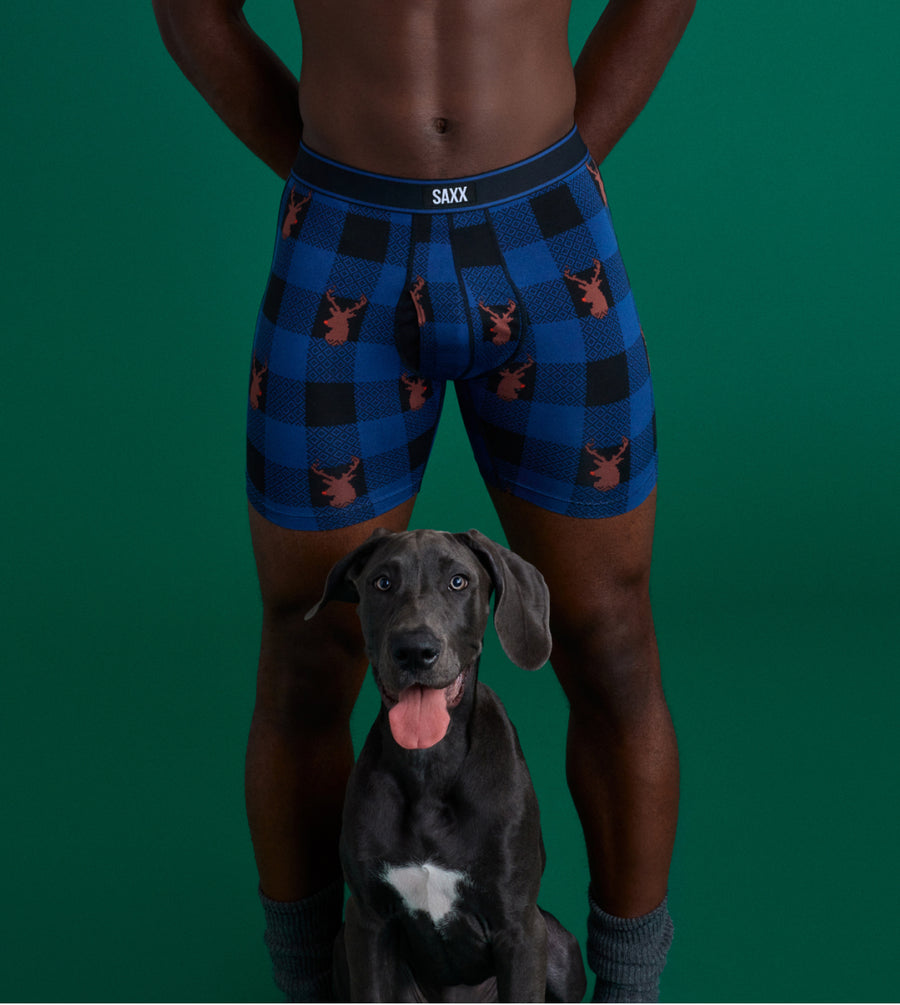 Person wearing blue checkered boxer briefs with a dog sitting in front on a green background