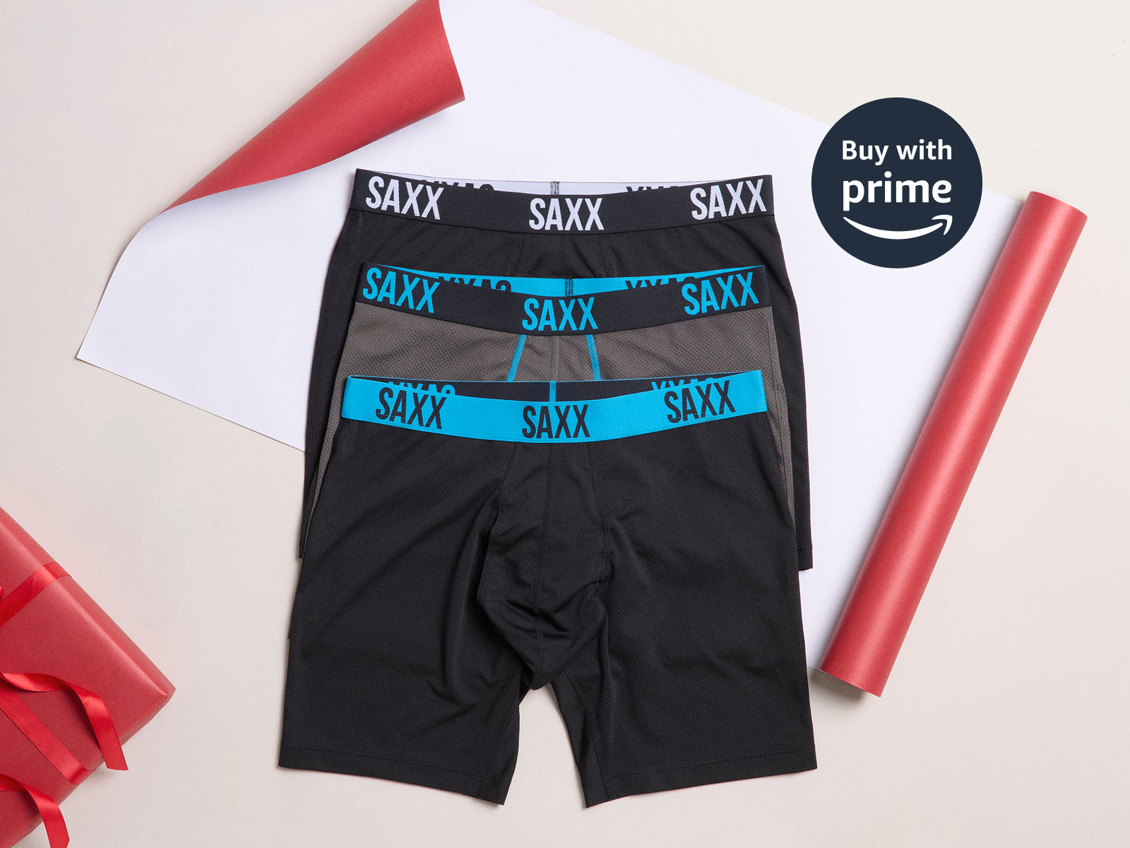 Three pairs of SAXX Underwear and wrapping paper