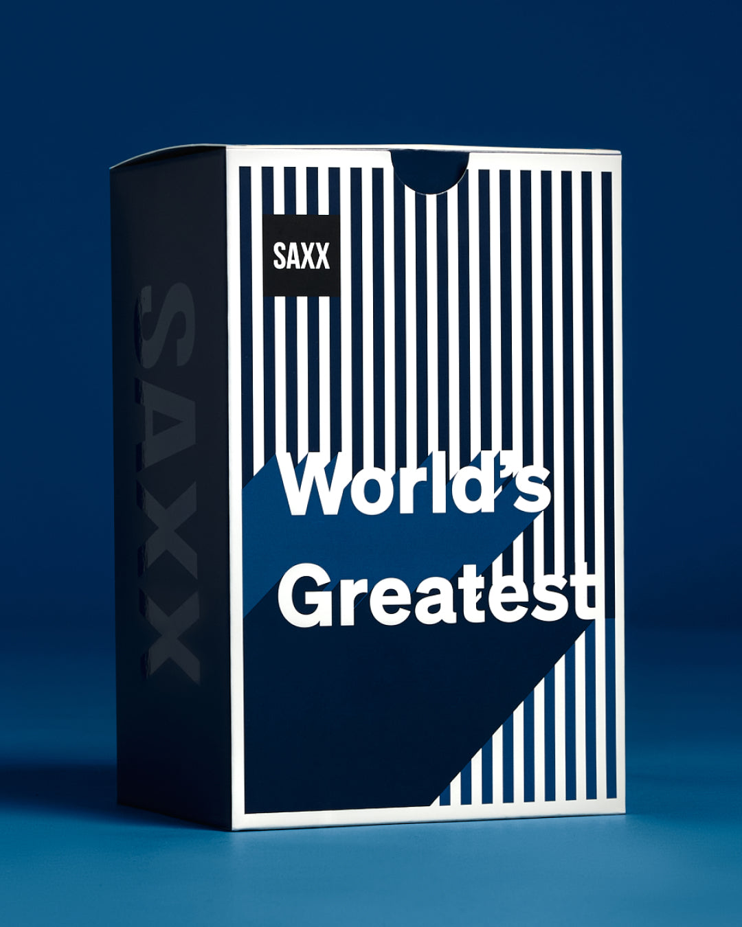 SAXX product packaging with 'World's Greatest' text on a blue background
