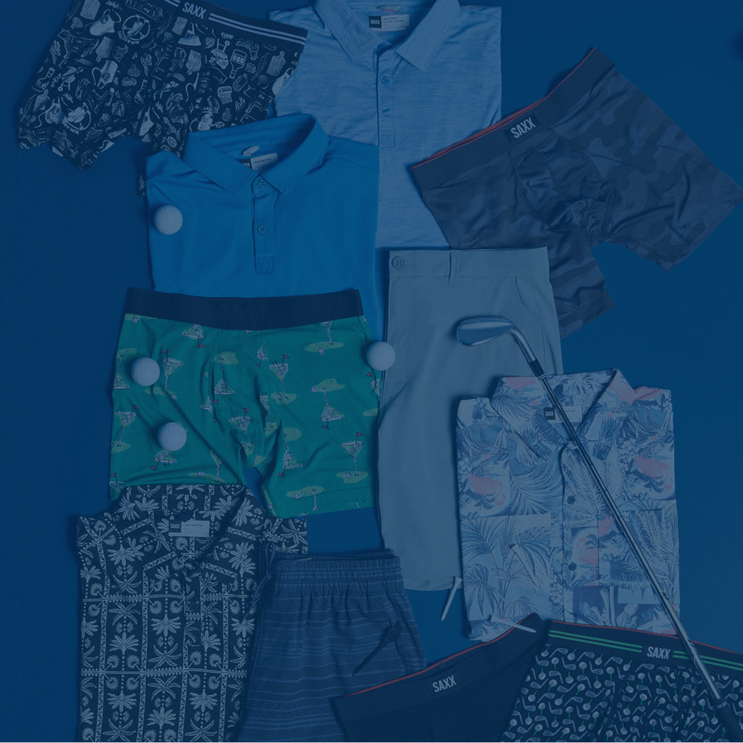 Collection of men's golf attire with shirts, pants, and accessories on a blue background