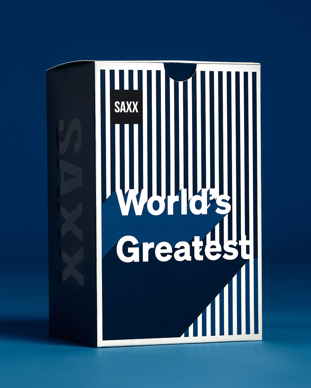 SAXX product packaging with 'World's Greatest' text on a blue background