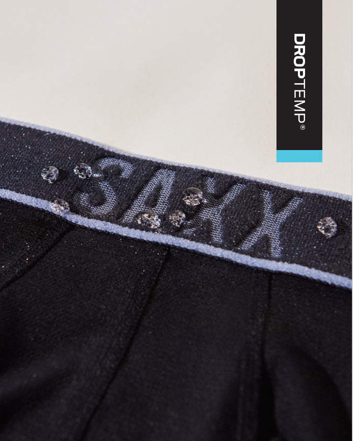 Close-up of a black undergarment waistband with rhinestone embellishments and the brand name 'SAXX' in gray lettering, with a vertical DROPTEMP logo overlay on the right.