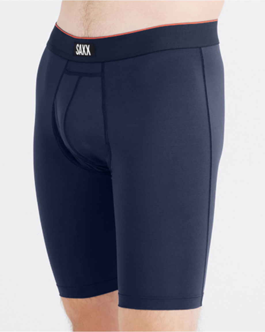 Navy blue boxer briefs with 'SAXX' branding on a white background
