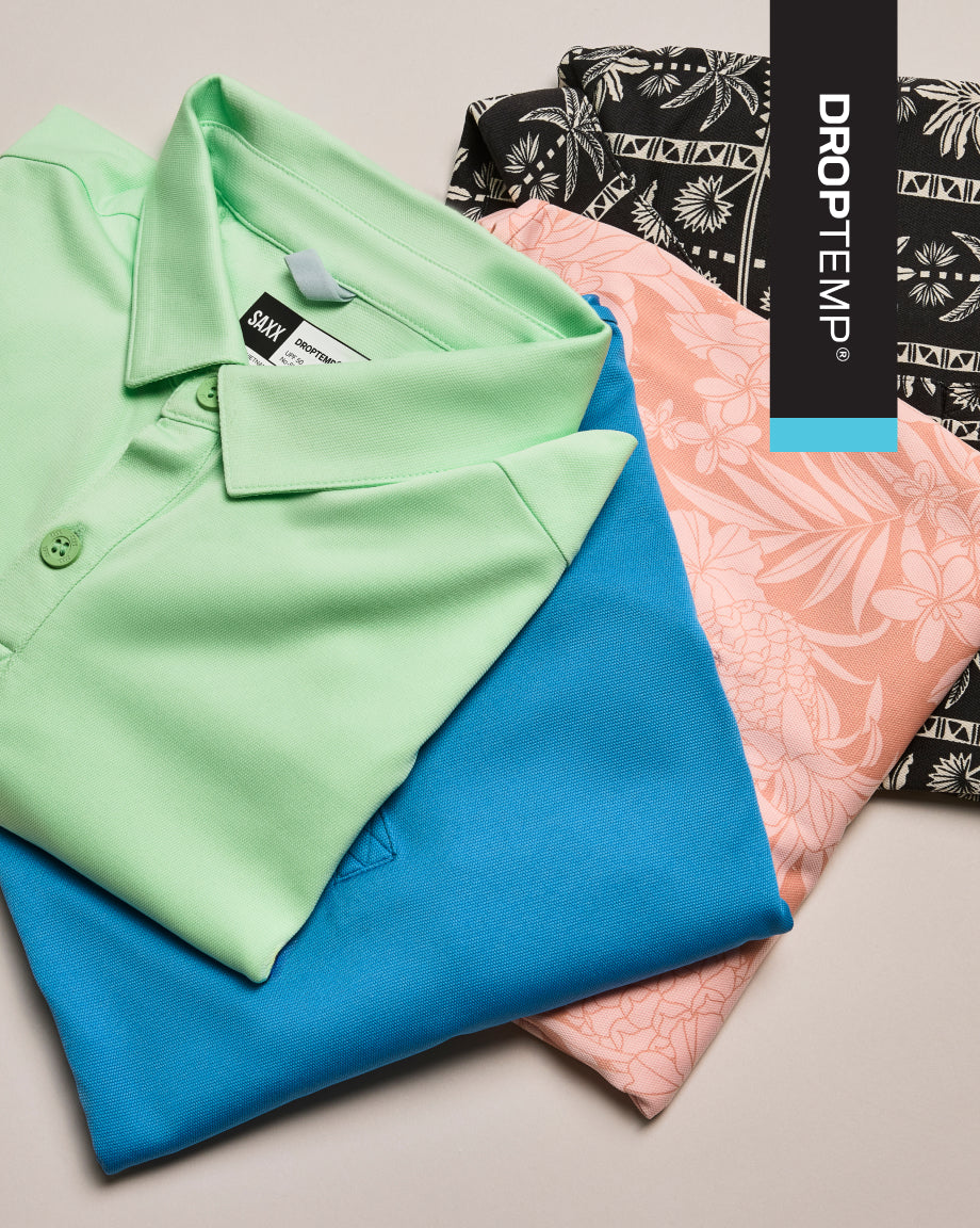 Folded shirts in green, blue, and pink with a 'Droptemp' product graphic on a light background