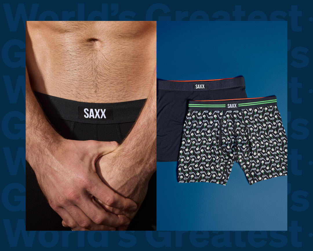 SAXX underwear on a person and displayed with packaging on a blue background.