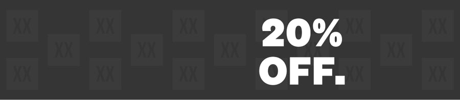 A dark gray promotional banner with repeated faint XX logos in the background and large white text reading '20% OFF.'