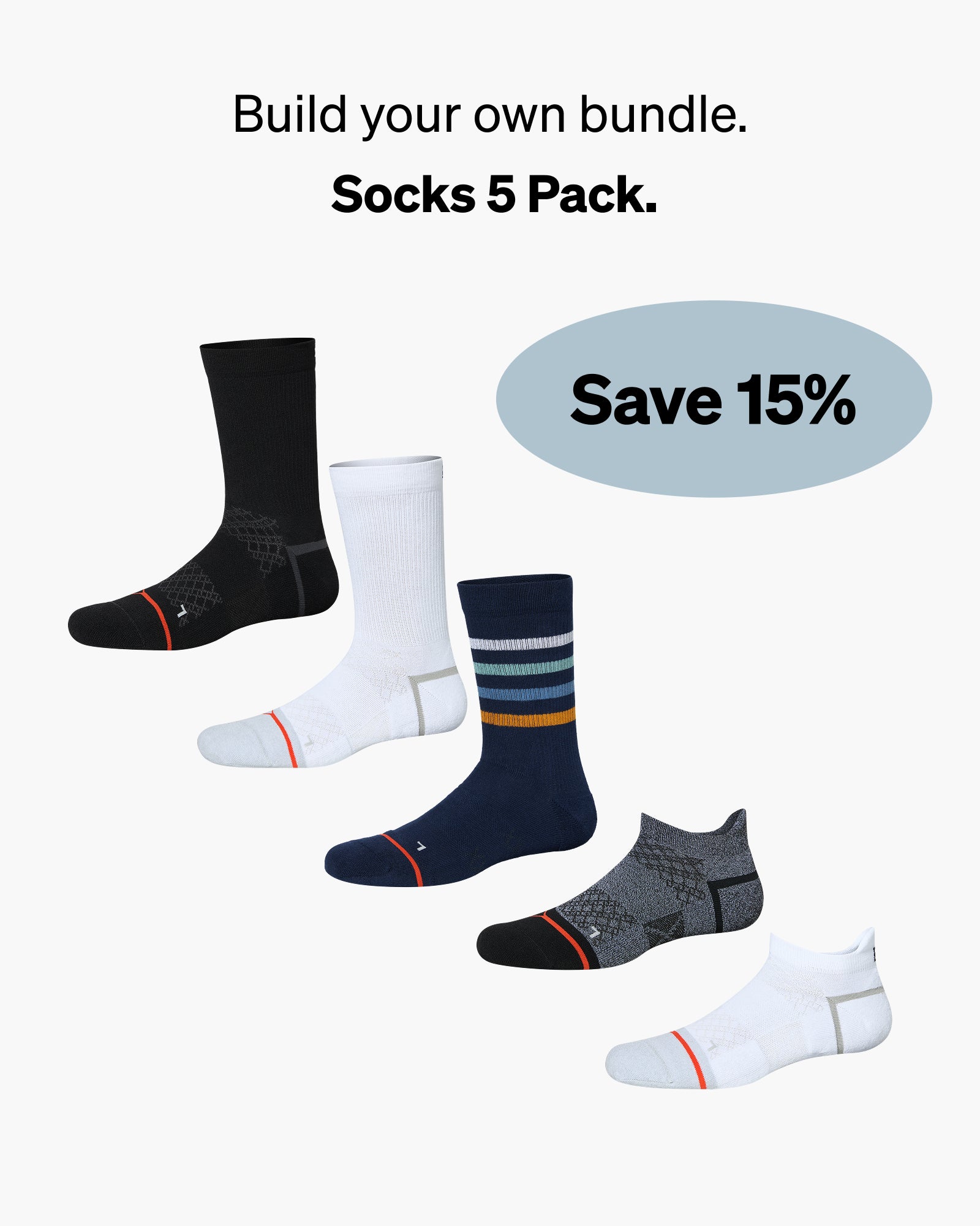 Image of a socks 5-pack bundle with text reading 'Build your own bundle. Socks 5 Pack. Save 15%"