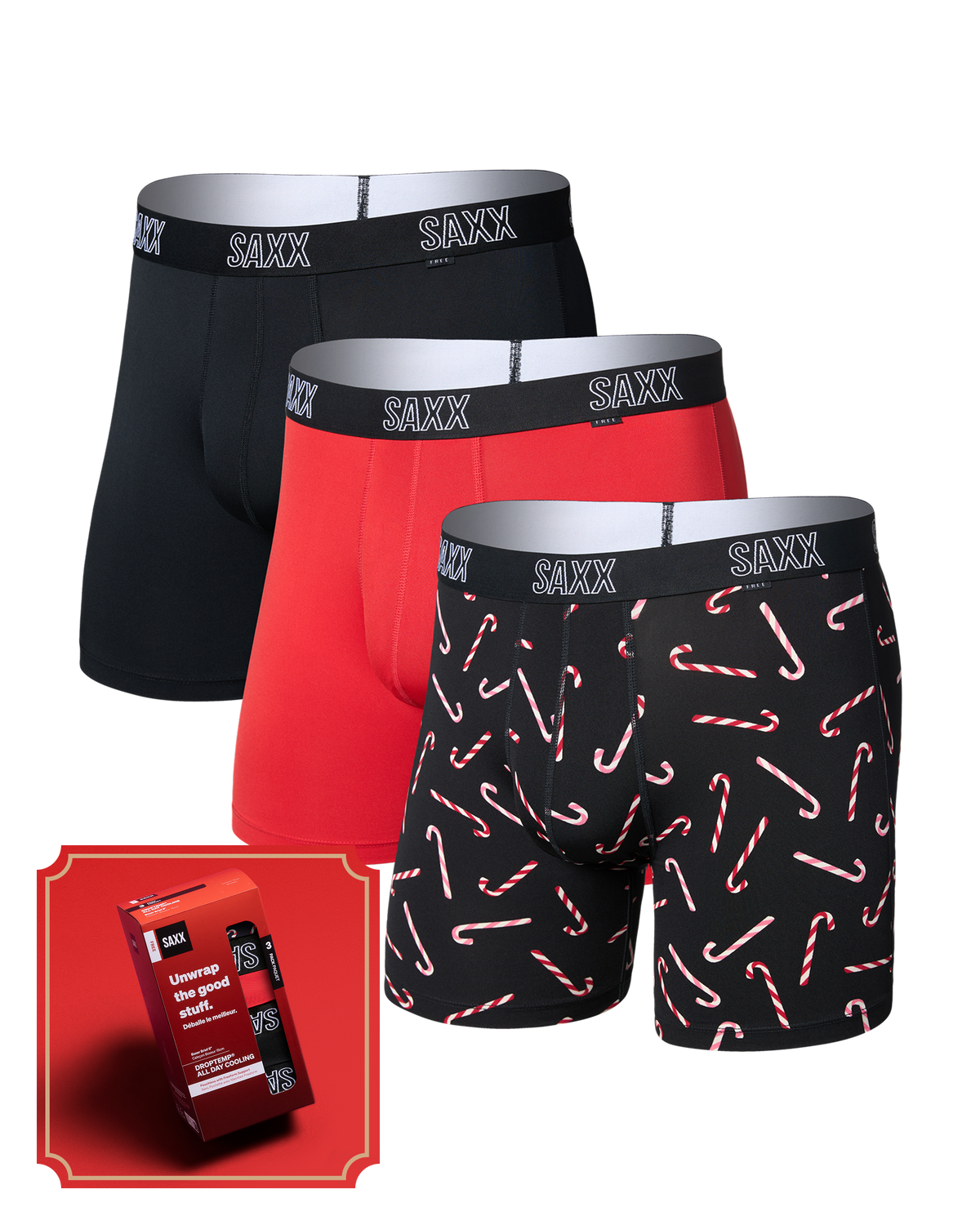 Front of DropTemp All Day Cooling Boxer Brief 3 Pack in Candy Cane/Red/Black with a red SAXX gift box in the bottom left corner