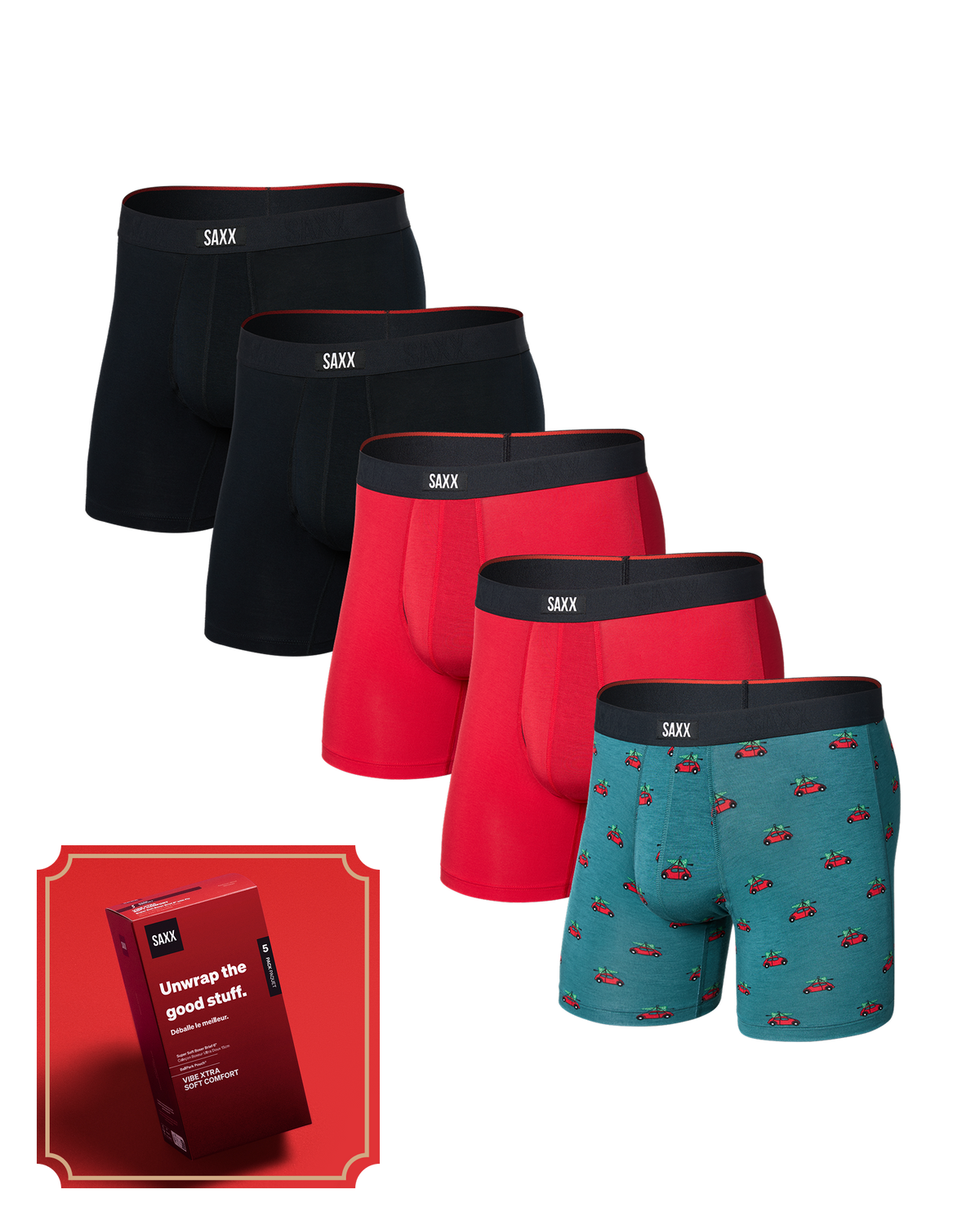 Front of Vibe Xtra Soft Comfort Boxer Brief 5 Pack in Holiday Errand/Red/Black with a red SAXX gift box in the bottom left corner