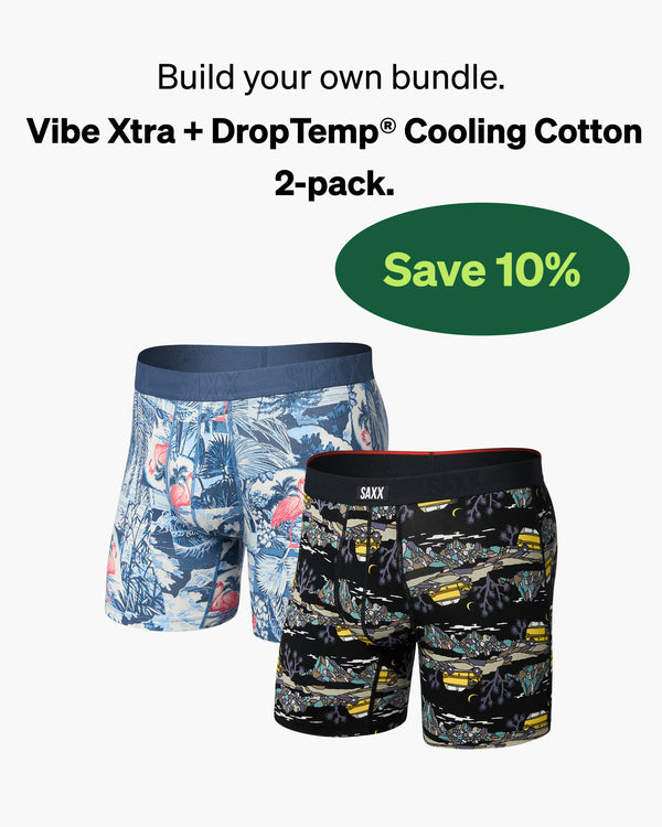 Two pairs of SAXX boxer briefs with a promotional message for a bundle offer of save 10% on a white background.
