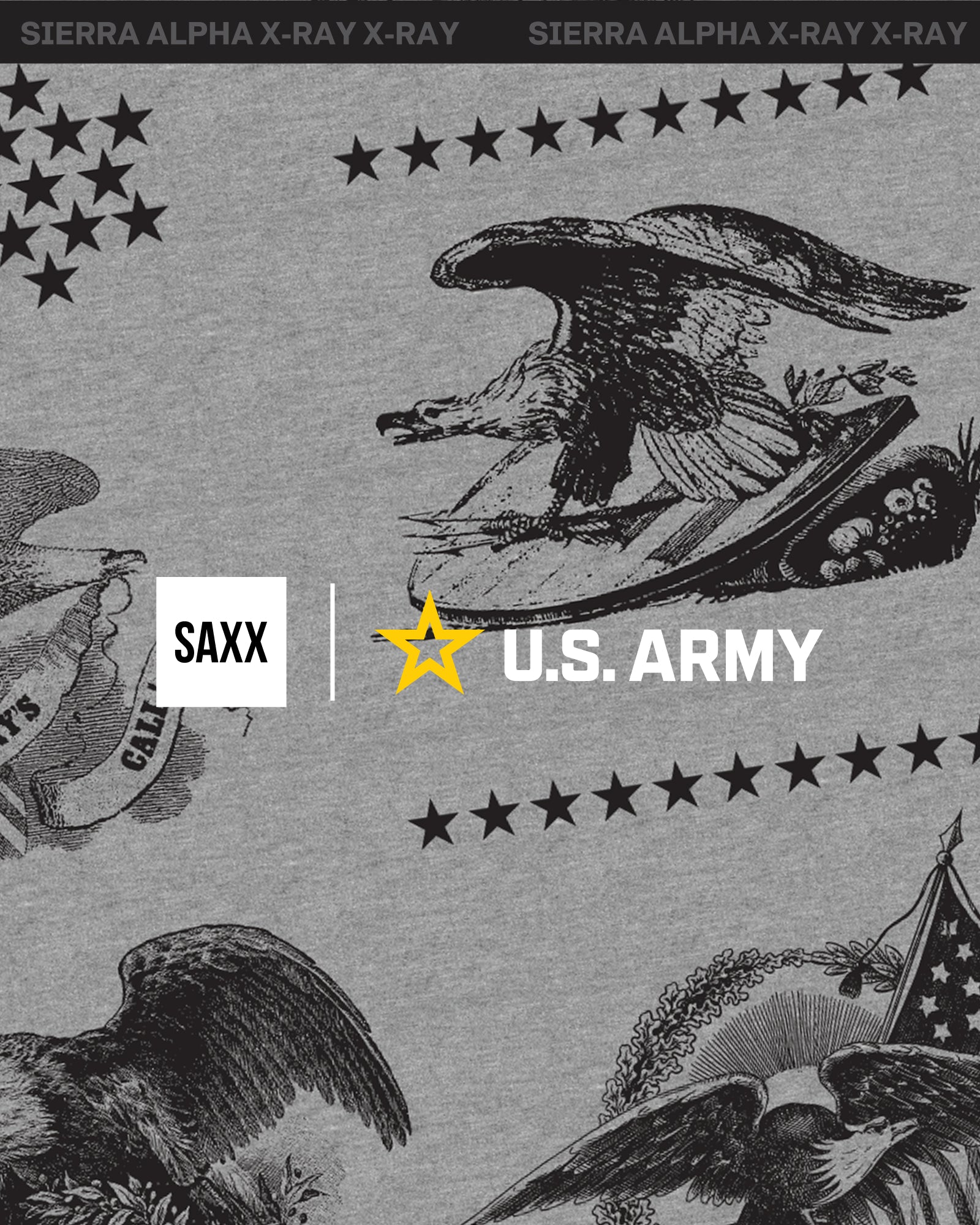 SAXX x U.S. Army graphic featuring vintage eagle illustrations, stars, and military-inspired artwork on a grey background.