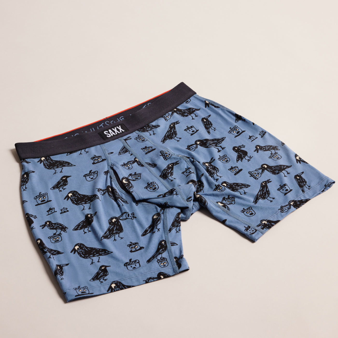 Blue men's boxer briefs with black crow and acorn pattern