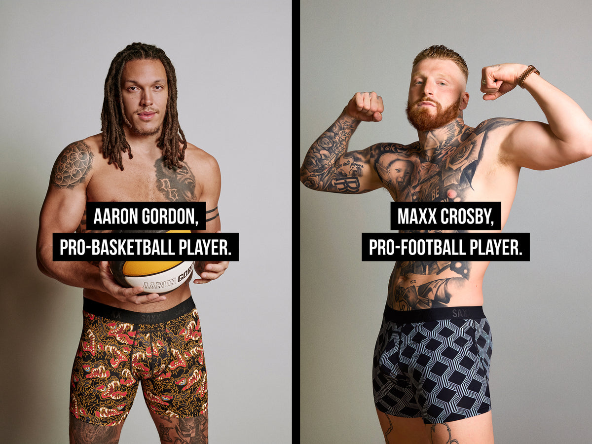 Pro Basketball Player Aaron Gordon and Pro Football Player Maxx Crosby pose for SAXX Underwear