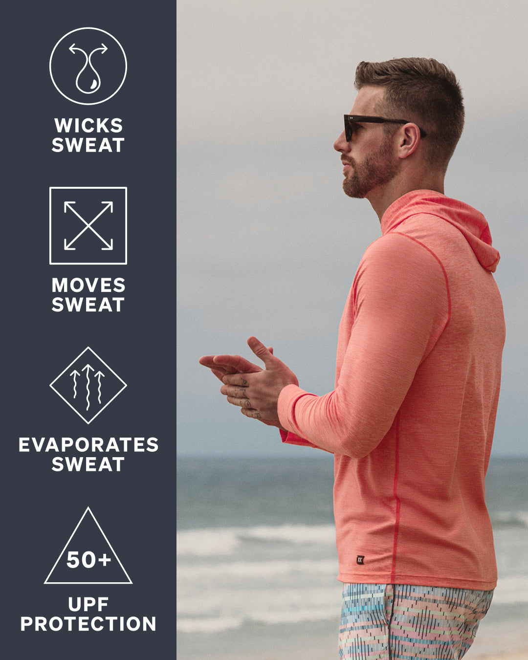 Model wearing a lightweight coral hoodie at the beach with icons highlighting sweat wicking movement and evaporation