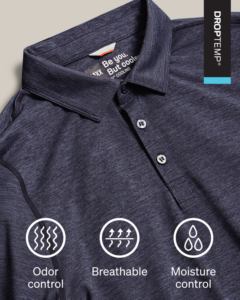 Close-up of a dark heathered blue-gray polo shirt collar and upper chest with three-button placket. White text and icons at the bottom highlight odor control, breathable fabric, and moisture control.