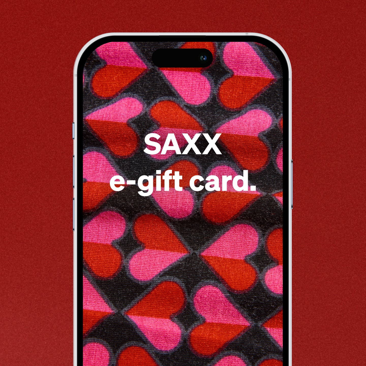 Phone case with heart pattern and SAXX e-gift card text on a red background