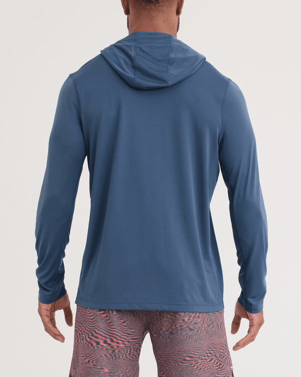 Back - Model wearing Multi-Sport Mesh Hoodie in Washed Indigo