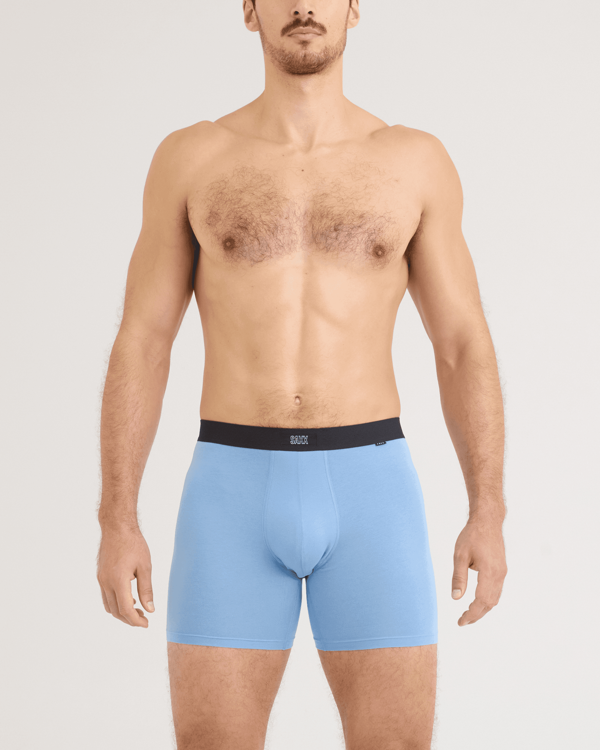 Front - Model wearing 24Seven Cotton Boxer Brief 3 Pack in Bel Air Blue/Cargo Grey/Faded Black