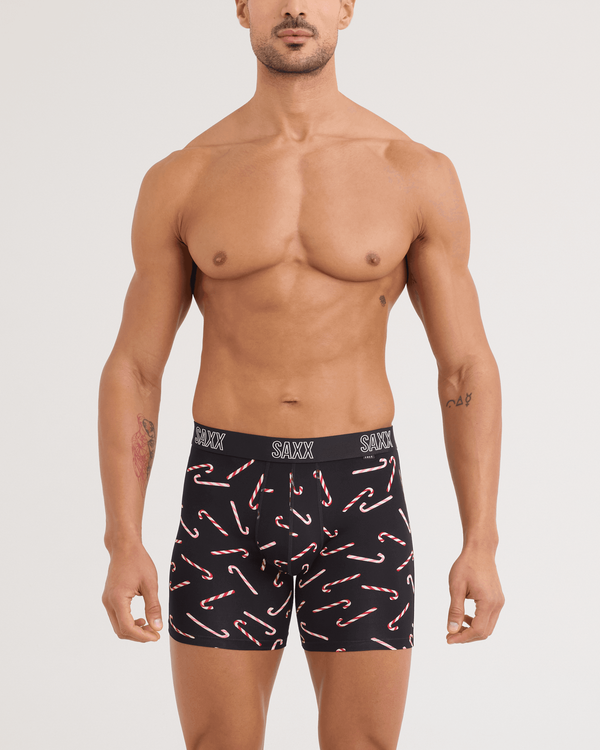 Front - Model wearing DropTemp All Day Cooling Boxer Brief 3 Pack in Candy Cane/Red/Black