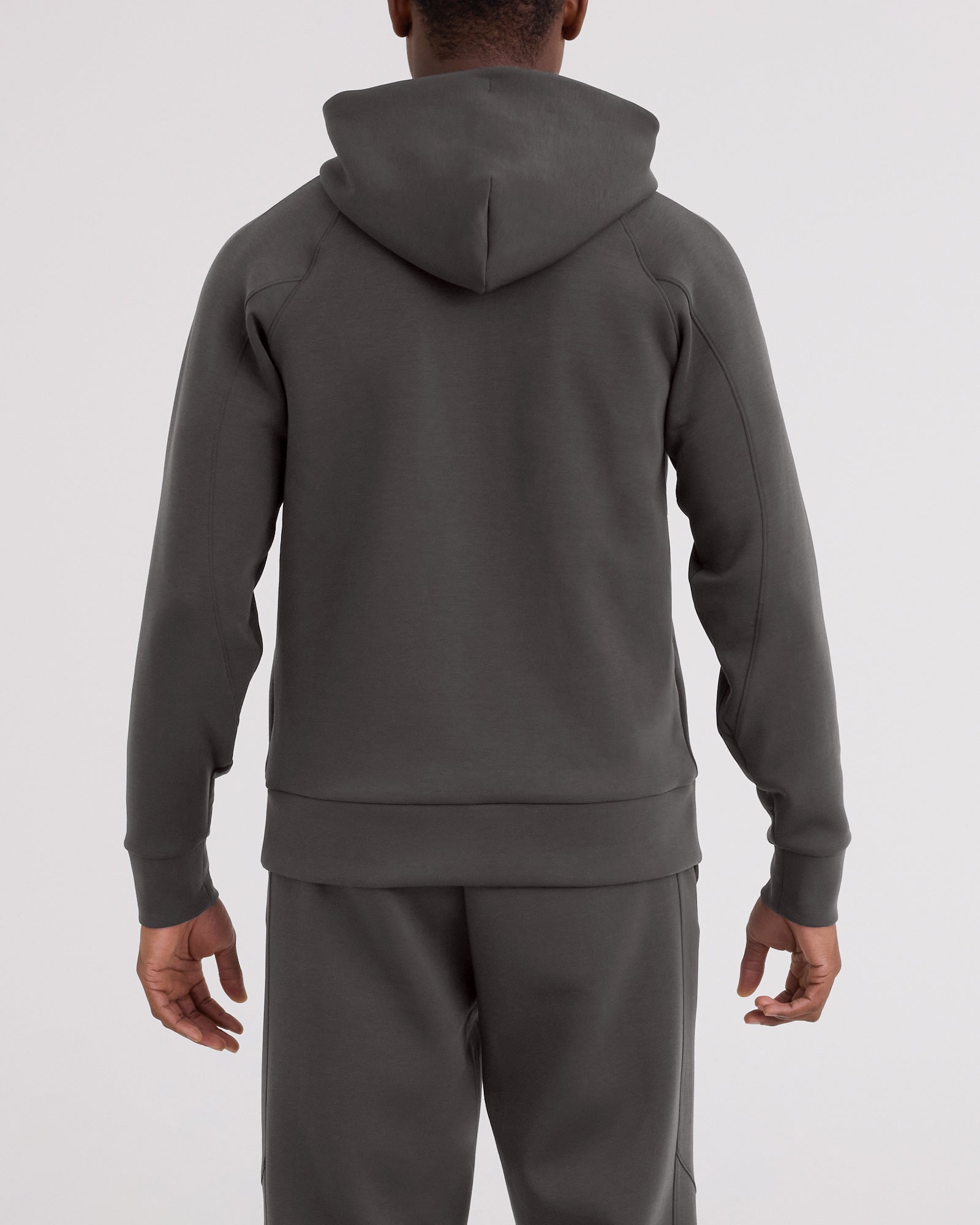 Back - Model wearing Phase Hoodie in Dark Grey