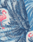 Close-up of a shirt with pink flamingo and blue leaf pattern