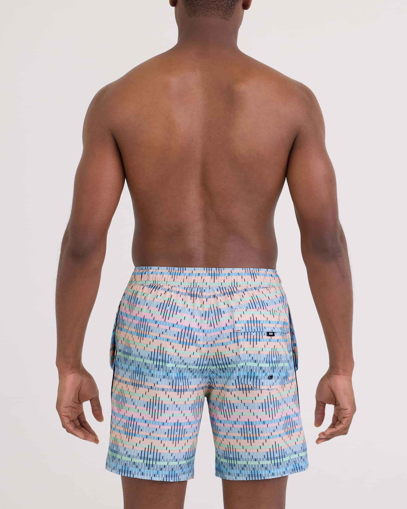 Back - Model wearing Oh Buoy 2N1 Volley - Brief Liner 7" in Boardwalk Geo-Multi