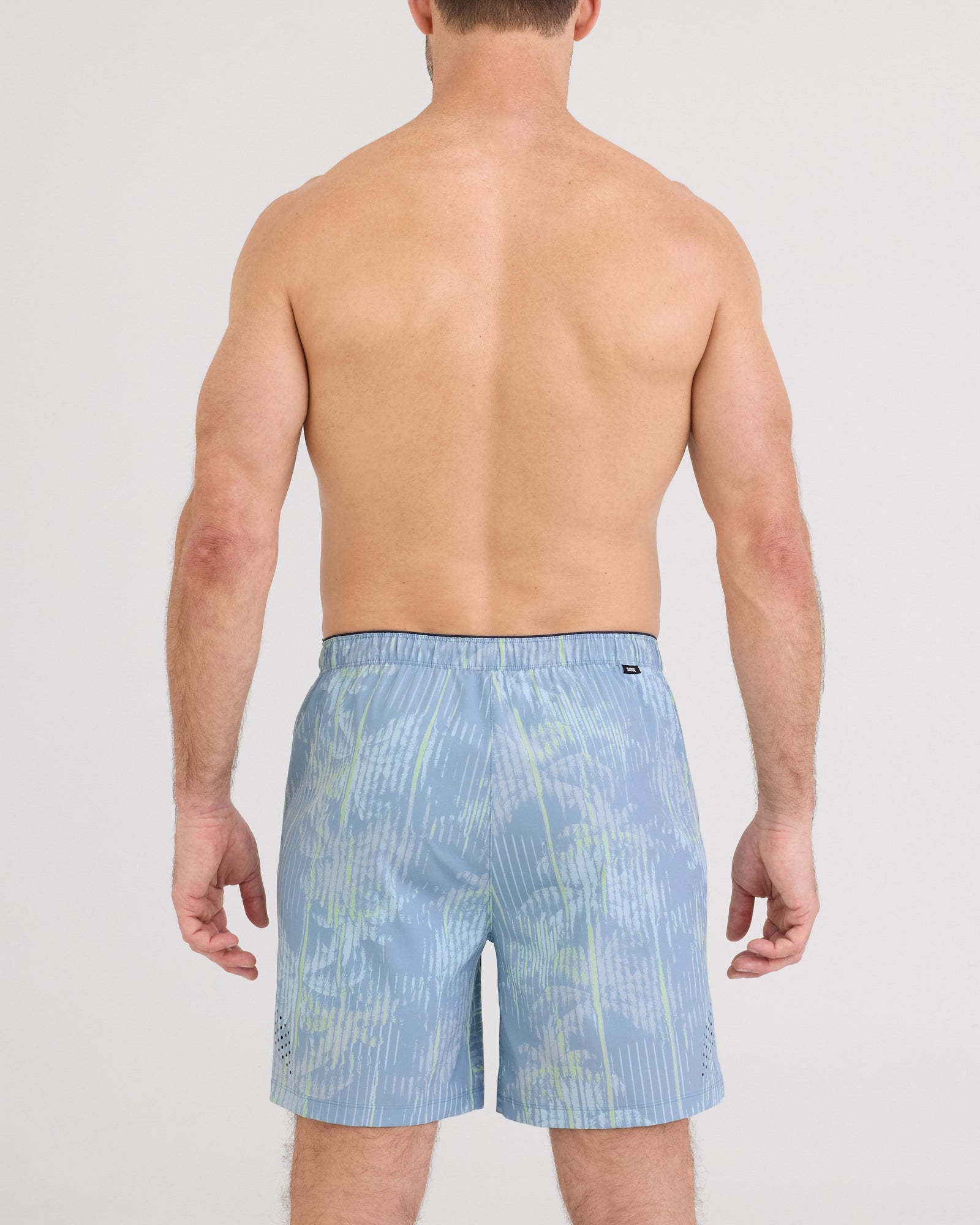 Back - Model wearing Power Moves Short 7" in Palm Screen-Faded Denim