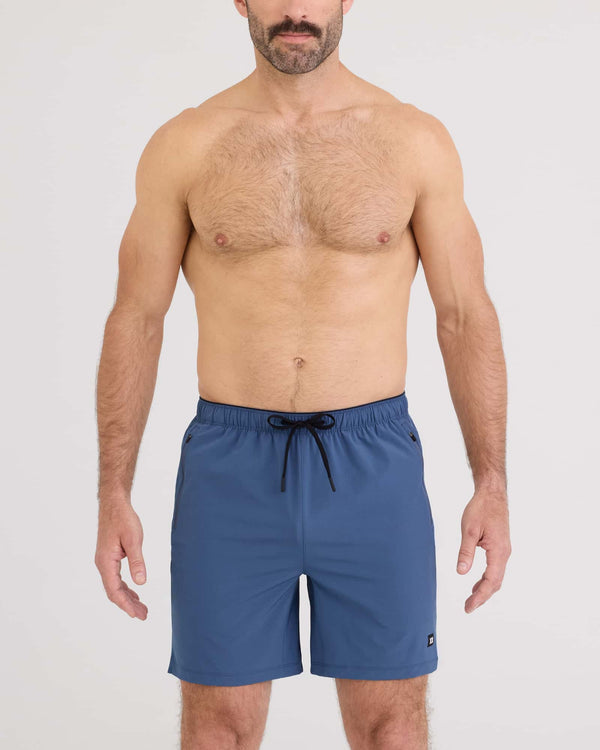 Front - Model wearing Power Moves Short 7" in Washed Indigo