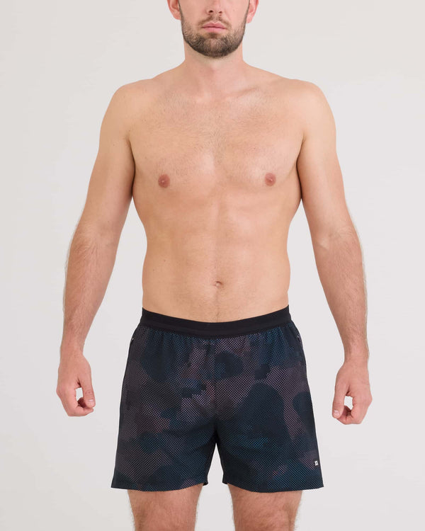 Front - Model wearing Run For All 2N1 Short 5" in Digi Camo-Multi