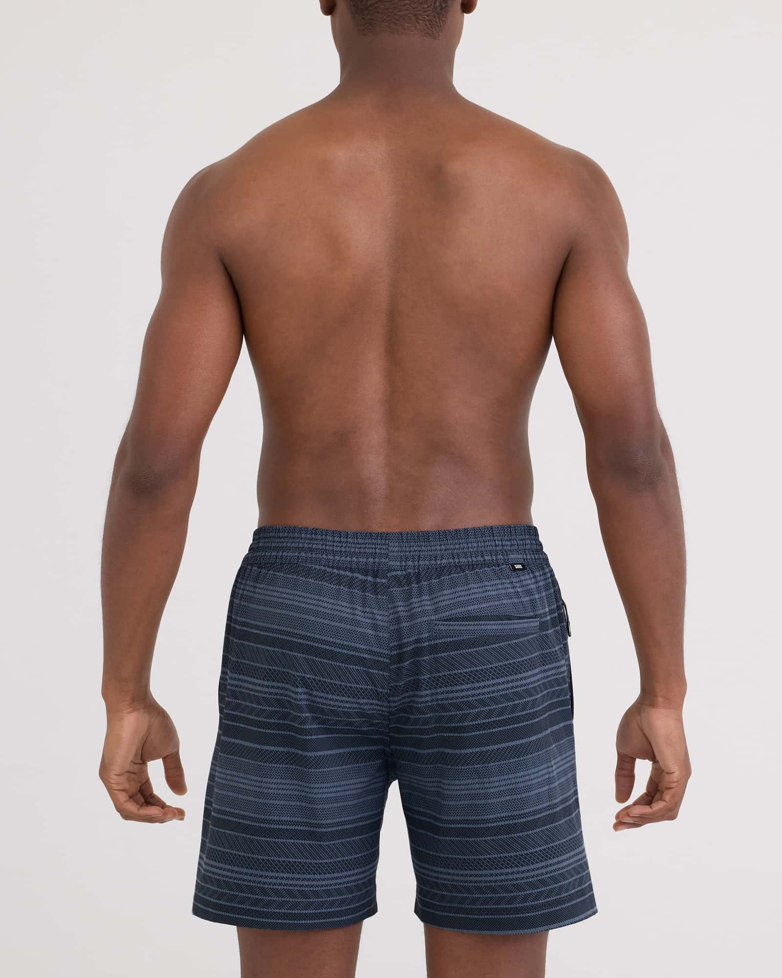 Back - Model wearing Sea To Shore 2N1 Volley Short 6" in Agitated Stripe-Indigo