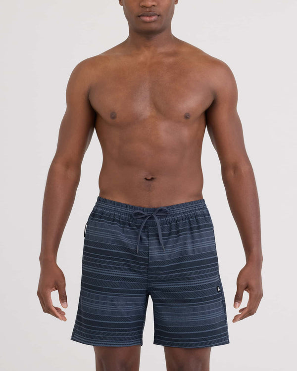 Front - Model wearing Sea To Shore 2N1 Volley Short 6" in Agitated Stripe-Indigo