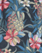 Tropical fabric pattern with pineapple and flowers on a dark background
