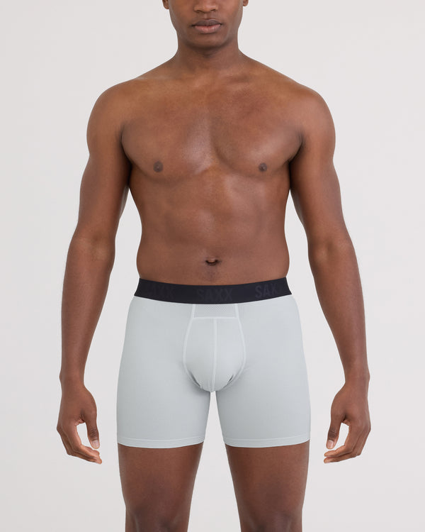 Front - Model wearing Smooth Flex Light Compression Boxer Brief in Pearl Grey