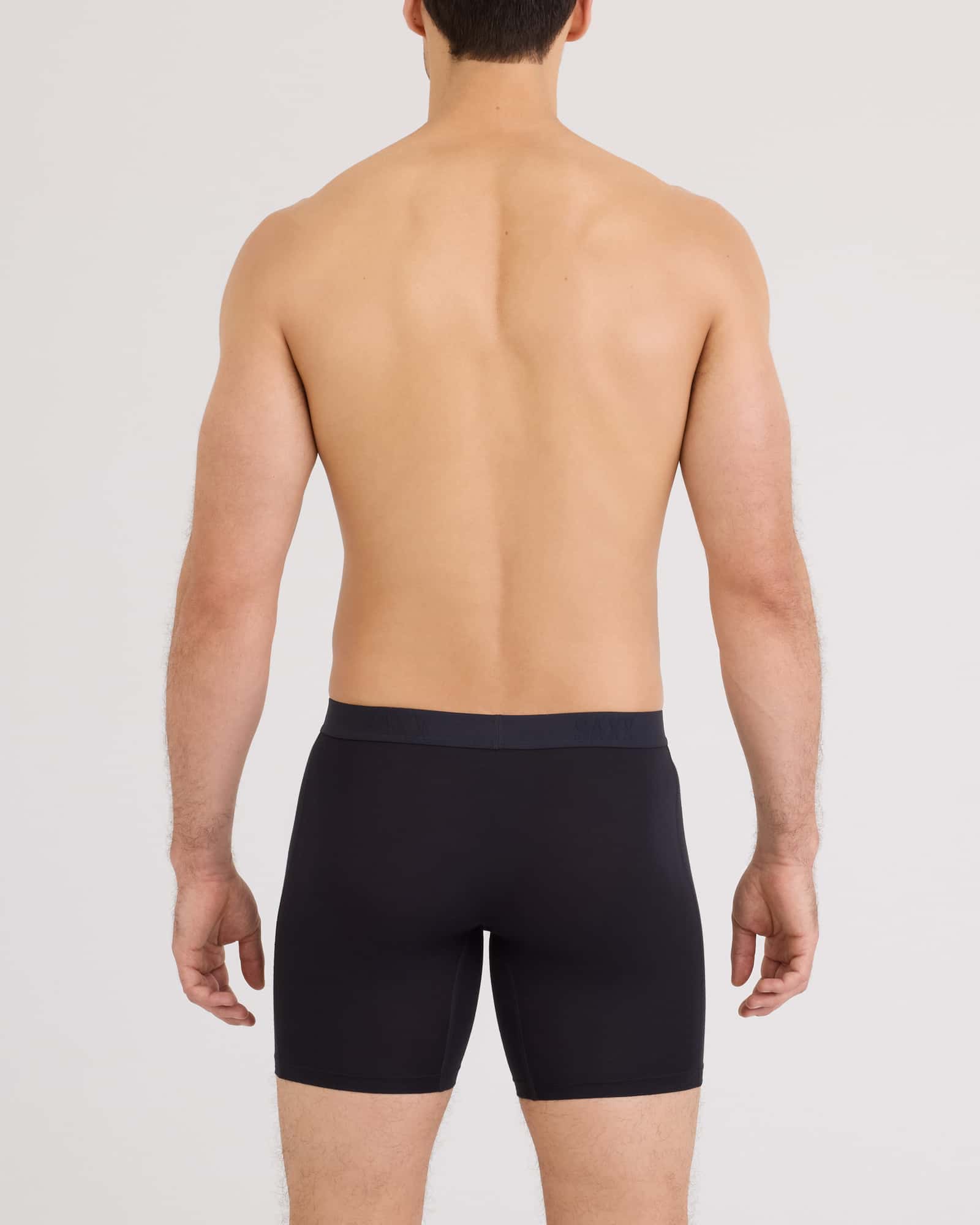 Back - Model wearing Vibe Xtra Soft Comfort Long Boxer Brief Fly in Black