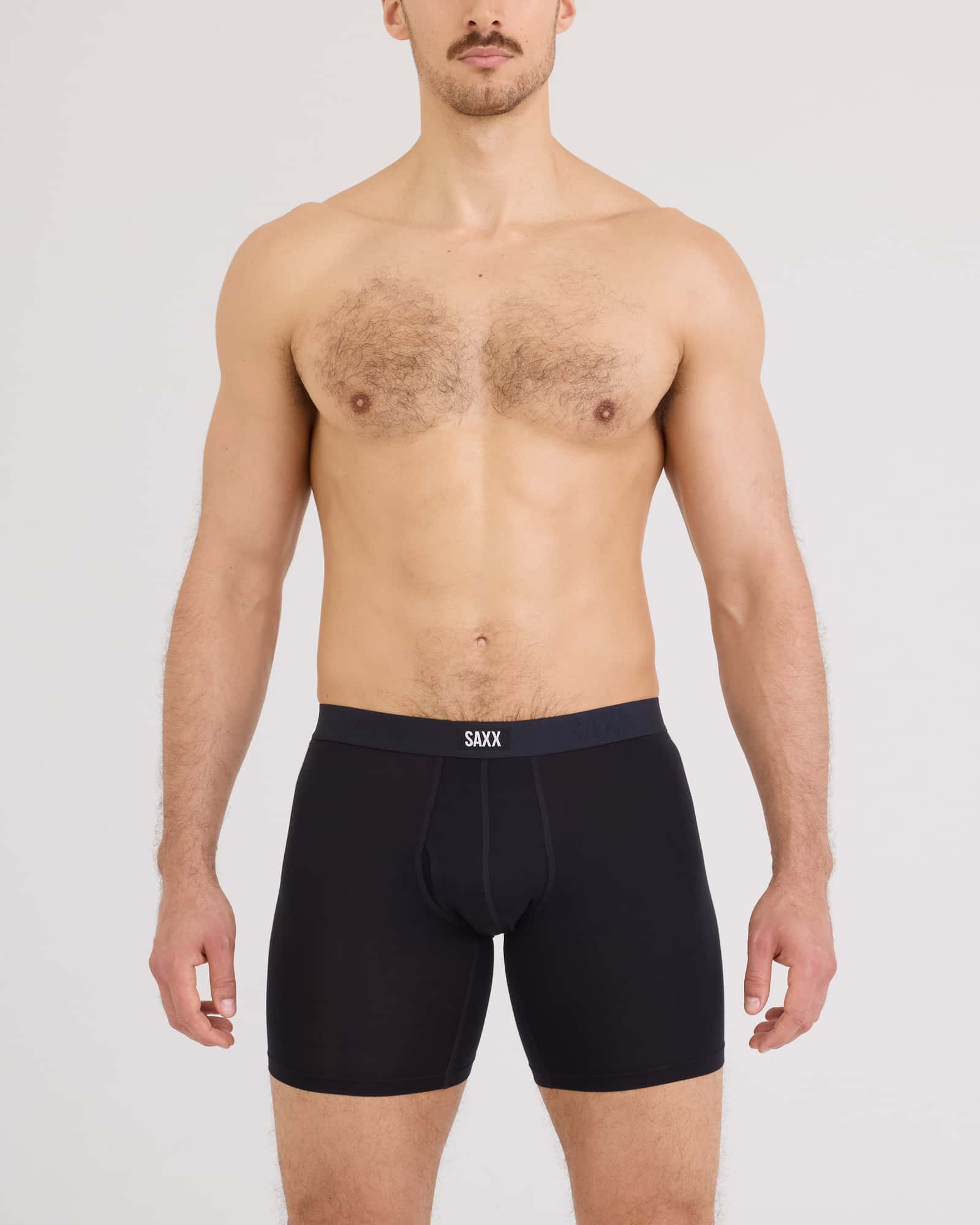 Front - Model wearing Vibe Xtra Soft Comfort Long Boxer Brief Fly in Black