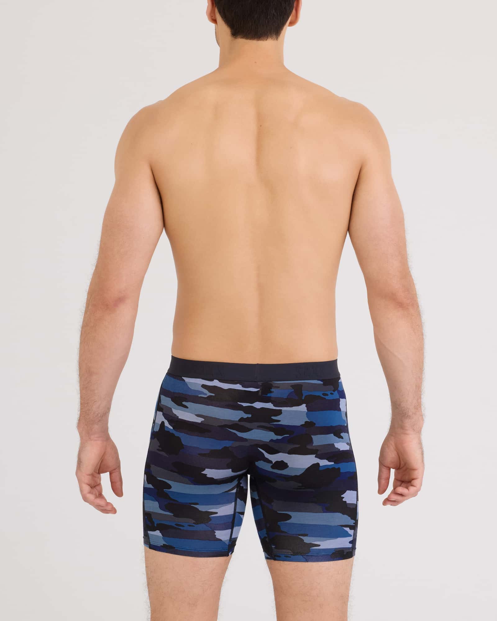 Back - Model wearing Vibe Xtra Soft Comfort Long Boxer Brief Fly in Cloudbank Camo-Navy