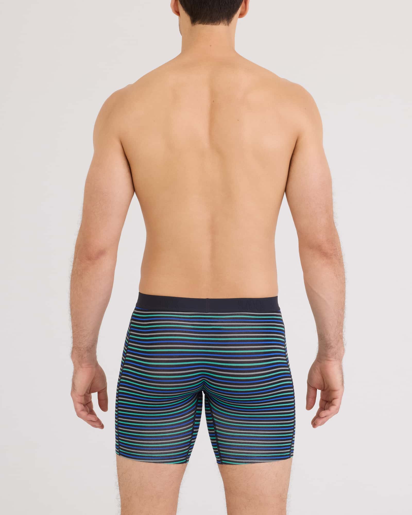 Back - Model wearing Vibe Xtra Soft Comfort Long Boxer Brief Fly in Gents Stripe-Sport Blue