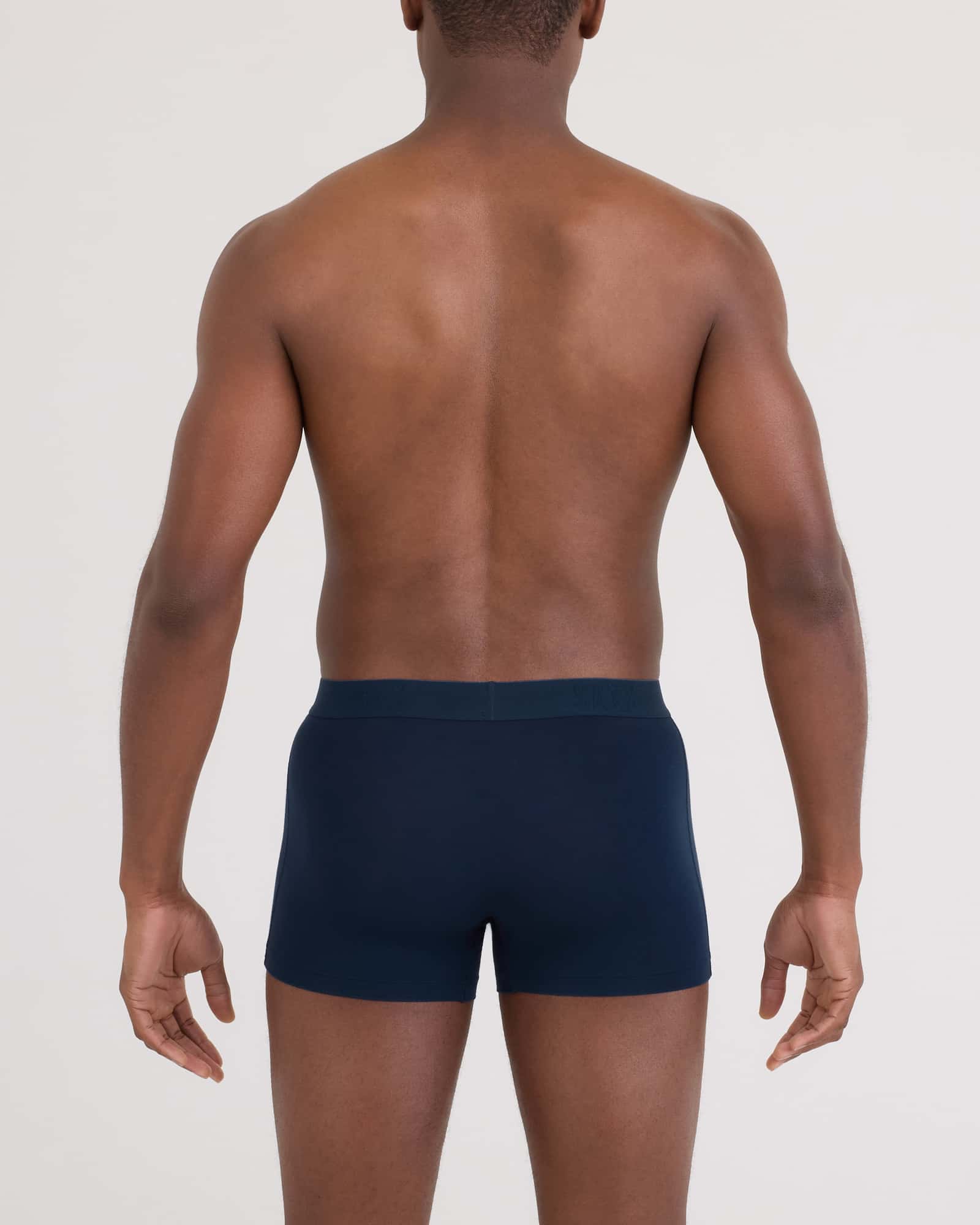 Back - Model wearing Ultra Super Soft Trunk Fly in Navy