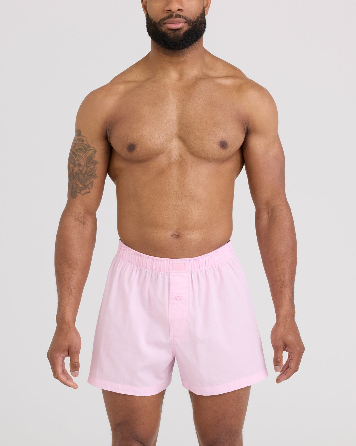 Front - Model wearing DropTemp Cooling Cotton Boxer Short in Chambray-Pink