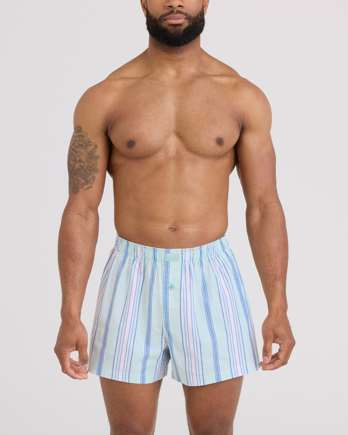 Front - Model wearing DropTemp Cooling Cotton Boxer Short in Upbeat Stripe-Icy Shore