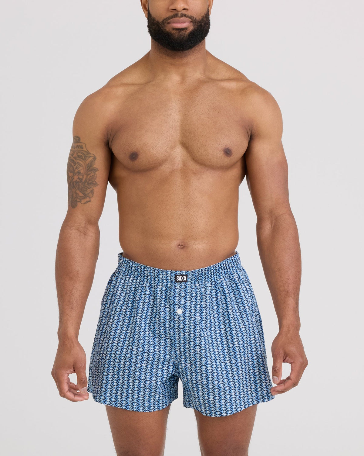 Front - Model wearing 24Seven Cotton Boxer Short in Martini Geo-Aquifer