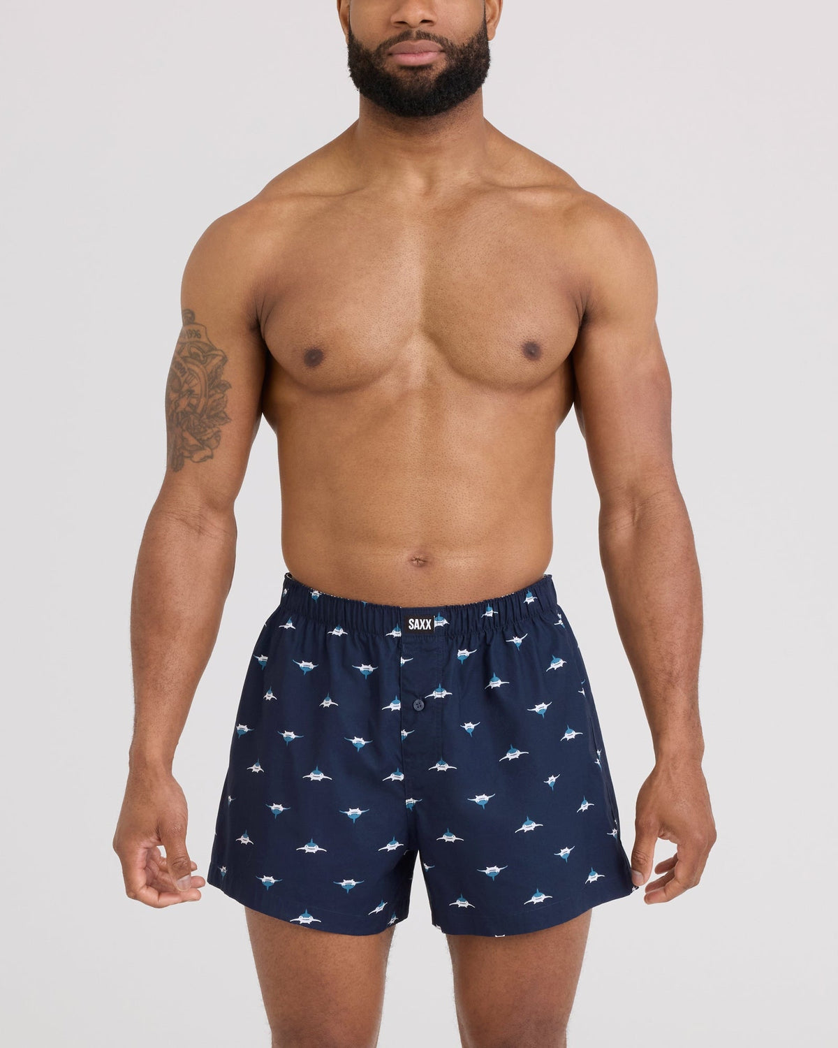 Front - Model wearing 24Seven Cotton Boxer Short in Mini Predator-Maritime