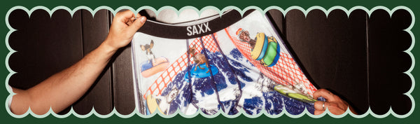 Outdoor Boxer Briefs in a wintery print being held by four hands