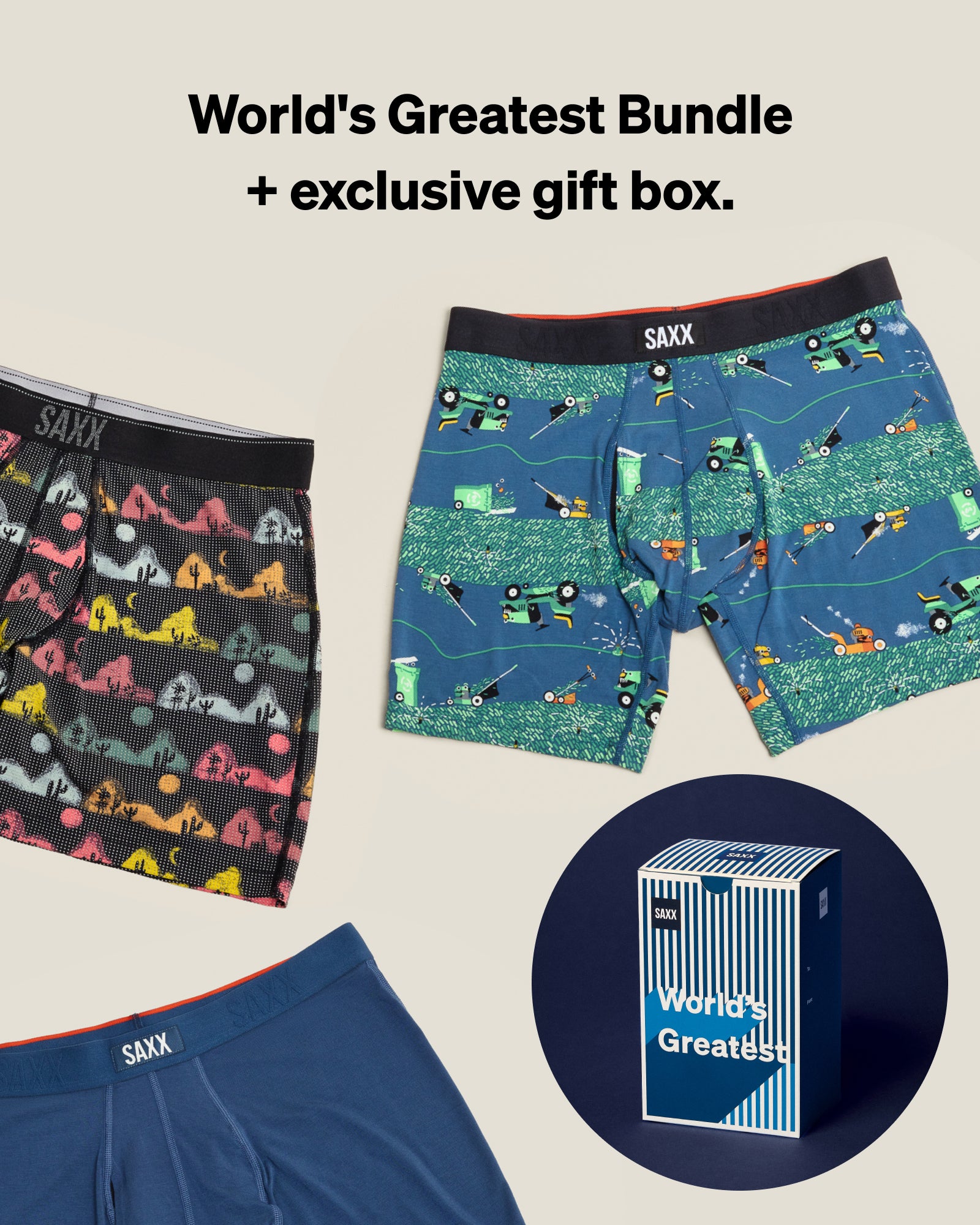 Three pairs of SAXX underwear with a 'World's Greatest Bundle' text and gift box on a beige background.